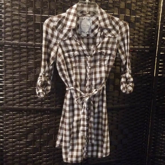 Western Brown GUESS? Plaid Dress with Tie - Picture 1 of 5